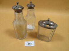 LARGE SILVER MOUNTED SALT' PEPPER & MUSTARD JARS - LONDON 1835