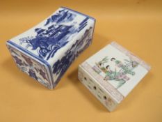 TWO ORIENTAL CERAMIC OPIUM PILLOWS TO INCLUDE A BLUE AND WHITE EXAMPLE