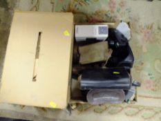 A TRAY OF VINTAGE CAMERAS TO INCLUDE A NIKON EXAMPLE' TOGETHER WITH BINOCULARS AND A SANKYO