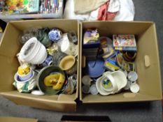 TWO LARGE BOXES OF ASSORTED CERAMICS AND HOUSEHOLD SUNDRIES ETC.
