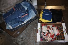 A SUITCASE OF LADIES VINTAGE JEANS TOGETHER WITH A SUITCASE OF VINTAGE CLOTHING AND TWO BOXES OF