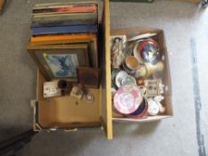 A TRAY OF ASSORTED CERAMICS TO INC MINTON COCKATRICE PLATES' COALPORT ETC' TOGETHER WITH A BOX OF