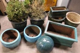 A SELECTION OF GLAZED PLANT POTS ETC