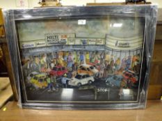N.E. RAMOVHA - AN UNUSUAL MODERN FRAMED AND GLAZED 3-D PAINTED COLLAGE OF FIGURES IN A BUSY STREET