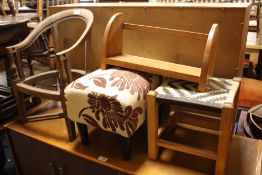 A SMALL CHILDS TUB ARMCHAIR VA/F WITH TWO STOOLS AND A BOOKRACK (4)