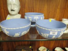 TWO LARGE WEDGWOOD JASPERWARE BOWLS TOGETHER WITH A LARGE JASPERWARE FOOTED BOWL