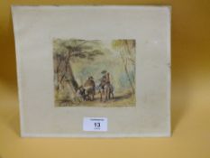 AN UNFRAMED MOUNTED WATERCOLOUR DEPICTING TRAVELLERS RESTING