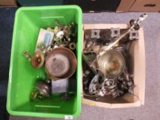 TWO BOXES OF ASSORTED METALWARE TO INCLUDE SILVER PLATED CANDLESTICKS' COPPER VASE ETC.