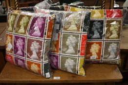 THREE MODERN ,STAMPS, CUSHIONS
