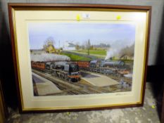 B.J FREEMAN - A FRAMED AND GLAZED LOCOMOTIVE INTEREST PRINT ENTITLED ,L.M.S THE LAST DAYS,