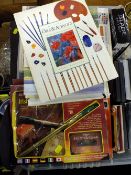 A BOX OF DVDS' TOGETHER WITH ART BOOKS AND AN IRISH WHISTLE