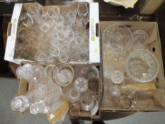 THREE TRAYS OF ASSORTED CUT GLASS ETC. TO INCLUDE DECANTERS' EDINBURGH CRYSTAL ETC.