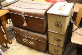 A VINTAGE BANDED PACKING TRUNK - A/F TOGETHER WITH TWO TIN TRUNKS (3)