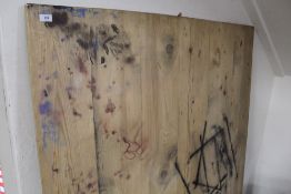 THREE PINE TABLE TOPS TOGETHER WITH THREE OAK DOORS