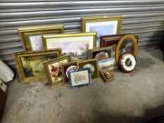 A QUANTITY OF ASSORTED PRINTS AND NEEDLEWORKS' CERAMIC PLAQUES ETC.