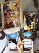 A LARGE QUANTITY OF HOUSEHOLD SUNDRIES TO INCLUDE A BOX OF VINTAGE SOFT TOYS' MODERN WALL CLOCKS