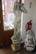 A LARGE GARDEN STATUE OF A FEMALE FIGURE ON PLINTH - HEIGHT INCLUDING PLINTH - 159 CM A/F