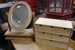 A PINE MIRROR TOGETHER WITH A MINIATURE SET OF DRAWERS