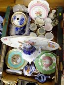 TWO TRAYS OF ASSORTED CERAMICS TO INCLUDE AN ANTIQUE HAND PAINTED FLORAL MEAT PLATE' TEAPOT ETC.