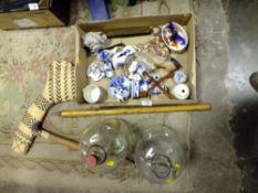 A BOX OF BLUE AND WHITE DELFTWARE CERAMICS' TOGETHER WITH TWO DEMI JOHNS AND TWO TREEN ITEMS