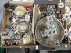 TWO TRAYS OF ASSORTED METALWARE TO INCLUDE A PUNCH BOWL' CANDELABRA A/F' TEAPOTS ETC.