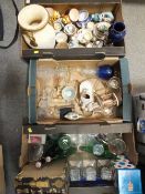 THREE TRAYS OF ASSORTED CERAMICS AND GLASSWARE TO INCLUDE DECANTERS' VASES' ORNAMENTS ETC.