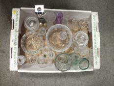 A TRAY IF MOSTLY CUT GLASS TO INCLUDE CAITHNESS VASES' CANDLESTICKS ETC.