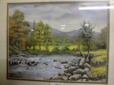 A FRAMED AND GLAZED PASTEL PICTURE OF A COUNTRY RIVER SCENE SIGNED HALE LOWER RIGHT
