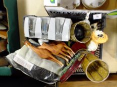 A SMALL TRAY OF CERAMICS ETC. TO INCLUDE ANIMAL FIGURES
