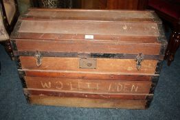 A VINTAGE DOMED AND BANDED PACKING TRUNK W-77 CM