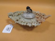 AN UNUSUAL SOAPSTONE TEAPOT' carved with a bird to the lid' W 19.25 cm