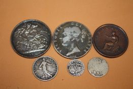 A SMALL QUANTITY OF COINAGE TO INC VICTORIAN 1887 CROWN' 1845 CROWN' 1806 GEORGE III PENNY ETC (6)