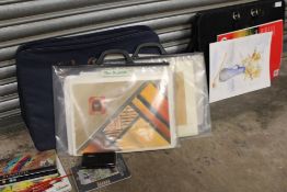 TWO FOLIOS OF ASSORTED WATERCOLOURS AND PENCIL SKETCHES ETC. TOGETHER WITH A LARGE MODERN GILT