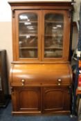 AN ANTIQUE MAHOGANY GLAZED CYLINDER BUREAU BOOKCASE H-225 CM W-122 CM