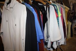 A QUANTITY OF LADIES MODERN & VINTAGE CLOTHING' VARIOUS STYLES AND PERIODS TO INC JEANS' JACKETS'
