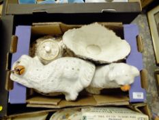 TWO TRAYS OF ASSORTED CERAMICS TO INCLUDE A PAIR OF STAFFORDSHIRE STYLE SPANIELS' ROYAL DOULTON