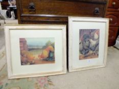A PAIR OF FRAMED AND GLAZED FARMHOUSE STYLE PRINTS OF CHICKENS