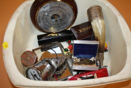 A BOX OF COLLECTABLES TO INC SILVER CUFFLINKS' WRISTWATCHES' BAROMETER ETC