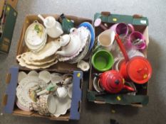 THREE TRAYS OF ASSORTED CERAMICS TO INCLUDE A ROYAL DOULTON MONACO TEAPOT' ENAMELLED ITEMS ETC.