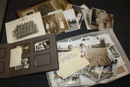 A QUANTITY OF ANTIQUE BLACK & WHITE PHOTOGRAPHS TO INC MILITARY EXAMPLES' POSTCARDS' ETC