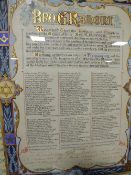 A GILT FRAMED AND GLAZED MASONIC INTEREST 1927 HAND PAINTED BROGRAOONI PLEDGE' TOGETHER WITH A