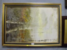 A LARGE GILT FRAMED IMPRESSIONIST OIL ON CANVAS DEPICTING A RIVER SCENE SIGNED MARGARET KELSEY LOWER