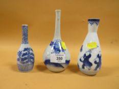 TWO ORIENTAL BLUE & WHITE CERAMIC BUD VASES TOGETHER WITH ANOTHER WITH FOUR CHARACTER BACK STAMP