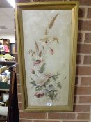 A VICTORIAN FLORAL PAINTING ON MILK GLASS' TOGETHER WITH A PORTRAIT PRINT OF A GENTLEMAN' AND A GILT