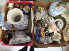 TWO TRAYS OF ASSORTED CERAMICS TO INCLUDE ,PANDA, VASES AND A BOWL' BLUE AND WHITE LAMP ETC.