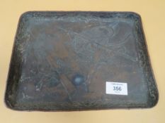 AN ORIENTAL BRONZE EFFECT TRAY WITH EMBOSSED FIGURATIVE DETAL 25CM X 20CM