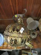 AN ORNATE PIERCED BRASS SPHERICAL CEILING LIGHT FITTING TOGETHER WITH ANOTHER