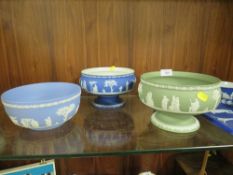A WEDGWOOD BLUE DIP JASPERWARE FOOTED IMPERIAL BOWL TOGETHER WITH A GREEN EXAMPLE & BLUE FRUIT