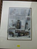 A FRAMED & GLAZED VINTAGE PRINT ENTITLED A DOG NOVEL TOGETHER WITH A COLLECTION OF FIVE PRINTS TO