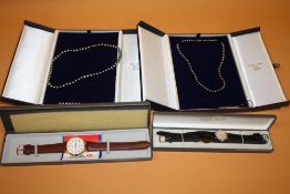 TWO CULTURED PEARL NECKLACES' ONE ON 9CT GOLD CLASP TOGETHER WITH THREE WRISTWATCHES
